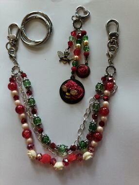 3 Strand - Purse Necklace with Matching Charm Roses & Bees